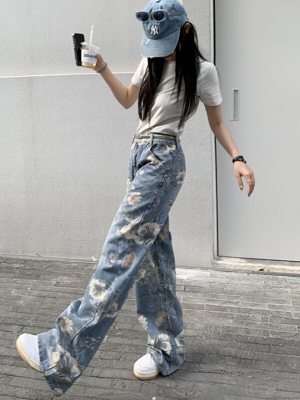 Džinsai Moteriški vintažiniai gėlėti amerikietiško stiliaus aukštu juosmeniu Visoms rungtynėms Harajuku gatvės apranga Rudens mada Populiarios studentės, kasdien maišytos