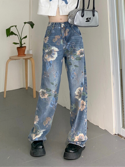 Moteriški džinsai su gėlėmis, iki kulkšnies ilgio, laisvi japoniško stiliaus Elegantiški pavasario rudeniniai kasdieniai biure Moteris Slouchy Pažangi Balinta