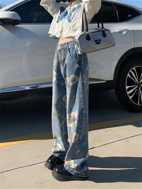 Moteriški džinsai su gėlėmis, iki kulkšnies ilgio, laisvi japoniško stiliaus Elegantiški pavasario rudeniniai kasdieniai biure Moteris Slouchy Pažangi Balinta
