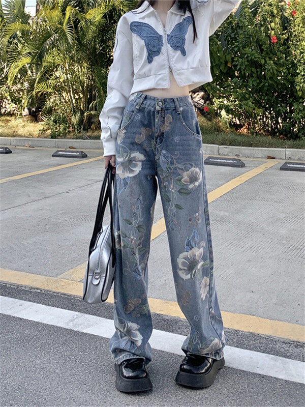 Moteriški džinsai su gėlėmis, iki kulkšnies ilgio, laisvi japoniško stiliaus Elegantiški pavasario rudeniniai kasdieniai biure Moteris Slouchy Pažangi Balinta