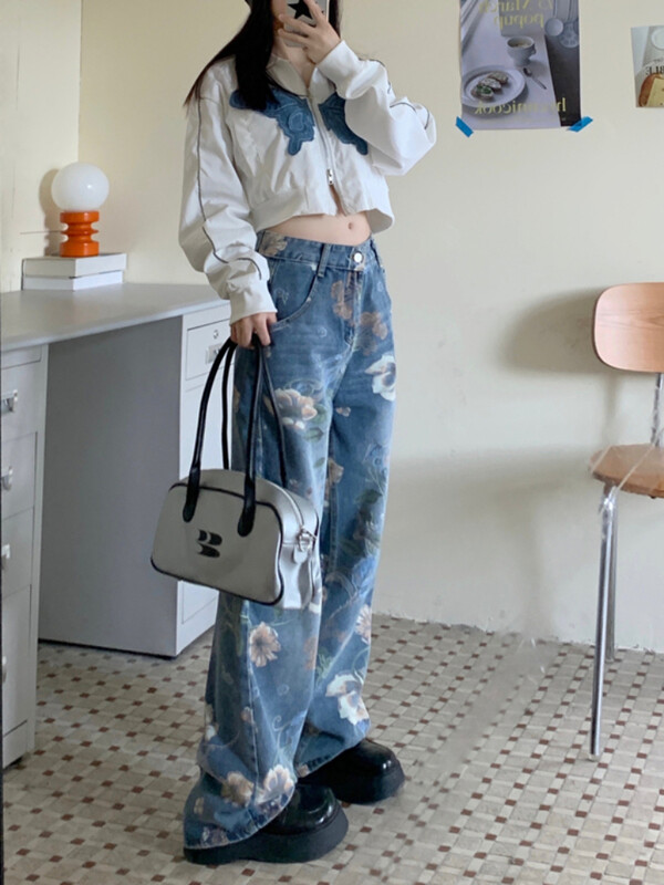 Moteriški džinsai su gėlėmis, iki kulkšnies ilgio, laisvi japoniško stiliaus Elegantiški pavasario rudeniniai kasdieniai biure Moteris Slouchy Pažangi Balinta