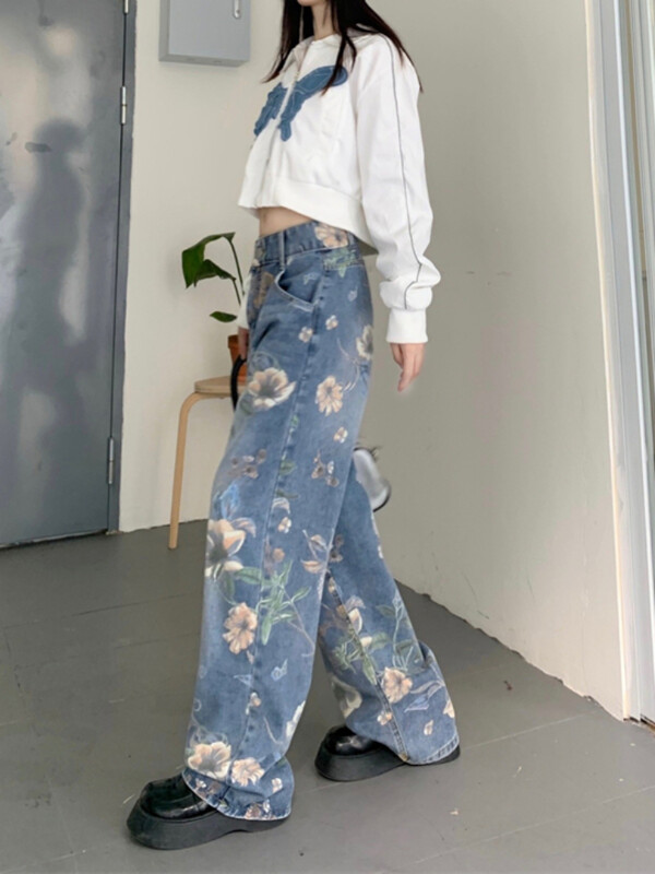 Moteriški džinsai su gėlėmis, iki kulkšnies ilgio, laisvi japoniško stiliaus Elegantiški pavasario rudeniniai kasdieniai biure Moteris Slouchy Pažangi Balinta