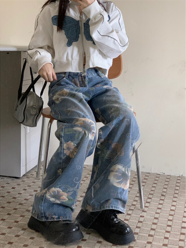 Moteriški džinsai su gėlėmis, iki kulkšnies ilgio, laisvi japoniško stiliaus Elegantiški pavasario rudeniniai kasdieniai biure Moteris Slouchy Pažangi Balinta
