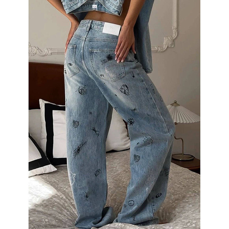 Gatvės apranga Nauja madinga negabaritinė spauda Baggy Jeans Y2K Harajuku Hip-hop vintažinė pop gotika aukštu juosmeniu plačios kelnės