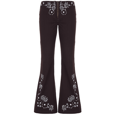 HEYounGIRL Vintažiniai rudi augaliniai siuvinėjimai, platėjantys džinsai Y2K moterims, estetiškos džinsinės kelnės su žemu juosmeniu užtrauktuku.