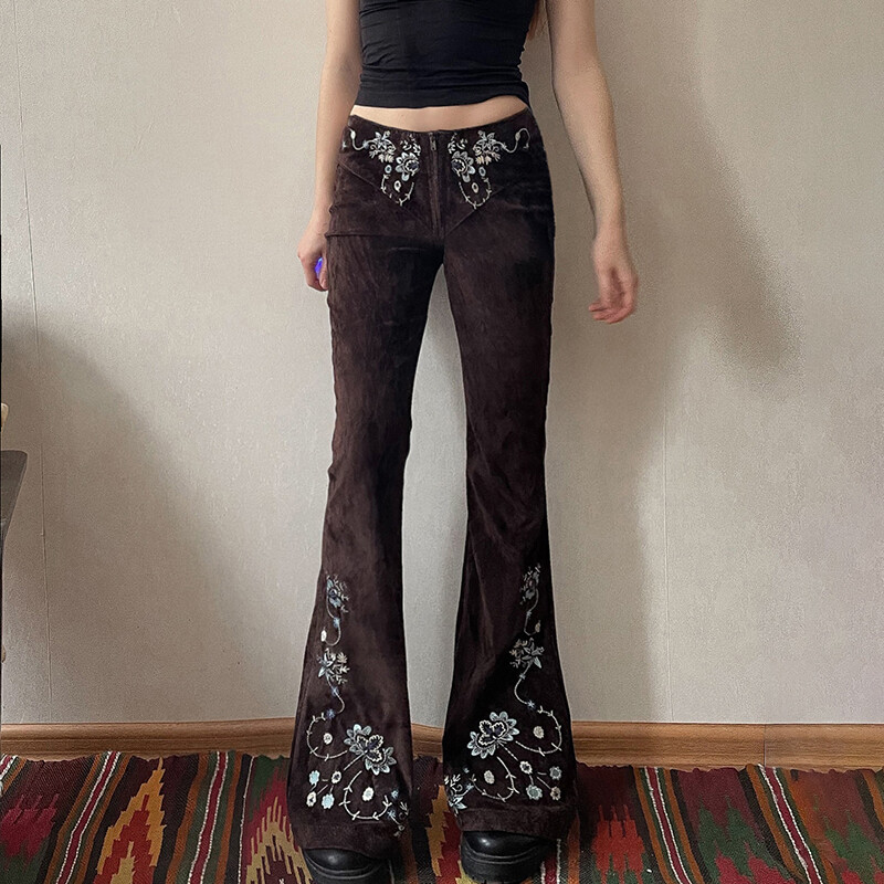 HEYounGIRL Vintažiniai rudi augaliniai siuvinėjimai, platėjantys džinsai Y2K moterims, estetiškos džinsinės kelnės su žemu juosmeniu užtrauktuku.