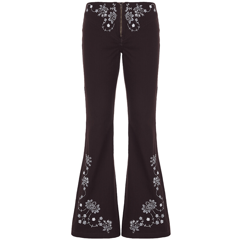 HEYounGIRL Vintažiniai rudi augaliniai siuvinėjimai, platėjantys džinsai Y2K moterims, estetiškos džinsinės kelnės su žemu juosmeniu užtrauktuku.