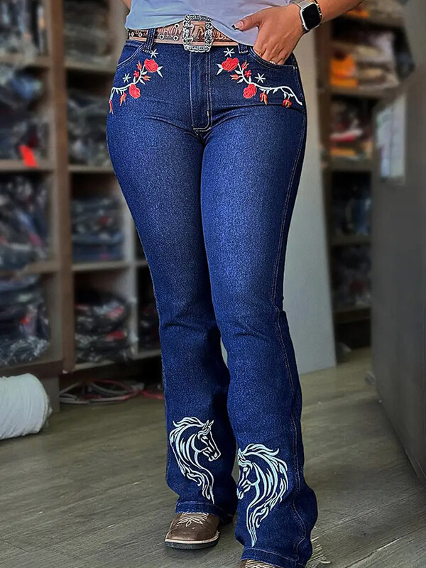 Huangas izsmalcinātās Western Cowgirl džinsi ar augstu vidukli, ar ziediem un zirgu apdruku Detaļas Elastīgas Hannah zābaku piegriezuma bikses T61