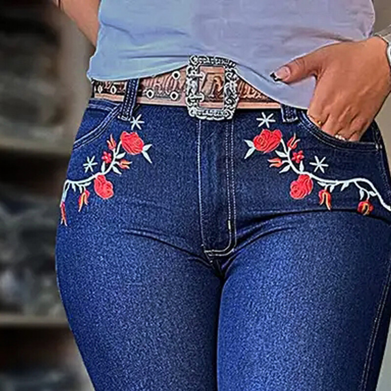 Huangas izsmalcinātās Western Cowgirl džinsi ar augstu vidukli, ar ziediem un zirgu apdruku Detaļas Elastīgas Hannah zābaku piegriezuma bikses T61