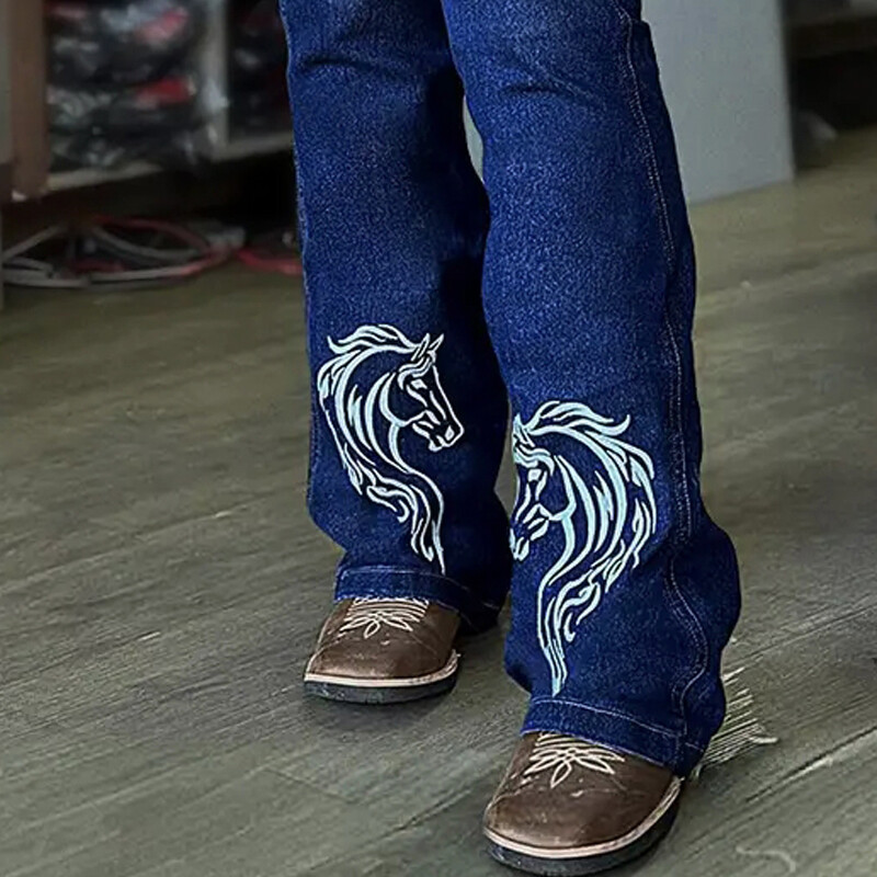 Huangas izsmalcinātās Western Cowgirl džinsi ar augstu vidukli, ar ziediem un zirgu apdruku Detaļas Elastīgas Hannah zābaku piegriezuma bikses T61