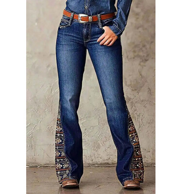 【Y2K Flare Jeans】 Naiste trükitud Paisley Hem Bootcut teksad, elegantsed trükitud Flora püksid naiste T04