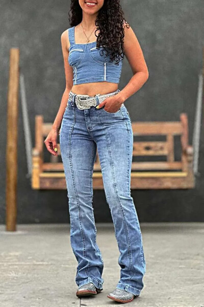 [Slimming Fit] Γυναικείο Stretch τζιν τζιν με λεπτή εφαρμογή - Casual Vintage στυλ με λεπτομέρειες μπροστινής ραφής, Mid Rise, Light Wash T08