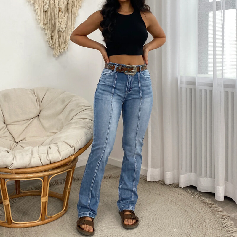 [Slimming Fit] Γυναικείο Stretch τζιν τζιν με λεπτή εφαρμογή - Casual Vintage στυλ με λεπτομέρειες μπροστινής ραφής, Mid Rise, Light Wash T08