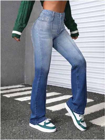 Sieviešu zilas kabatas bikses Retro gradienta uzplaiksnītas bikses High Street Fashion ikdienas rudens džinsi