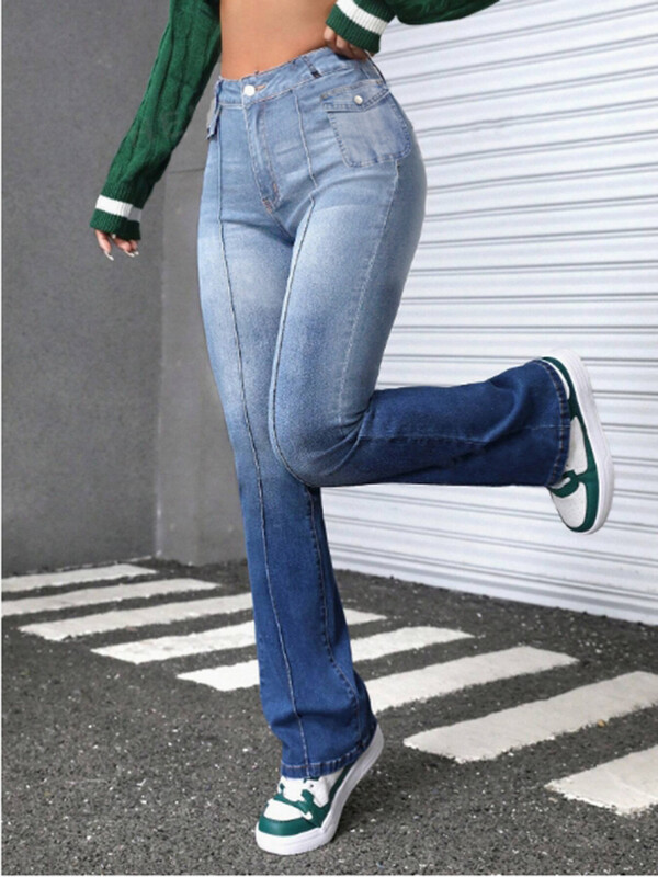 Sieviešu zilas kabatas bikses Retro gradienta uzplaiksnītas bikses High Street Fashion ikdienas rudens džinsi