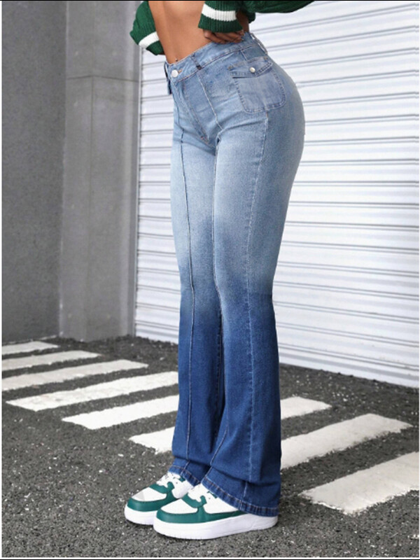 Sieviešu zilas kabatas bikses Retro gradienta uzplaiksnītas bikses High Street Fashion ikdienas rudens džinsi