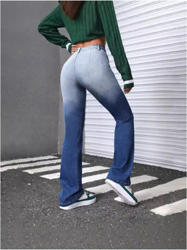 Sieviešu zilas kabatas bikses Retro gradienta uzplaiksnītas bikses High Street Fashion ikdienas rudens džinsi