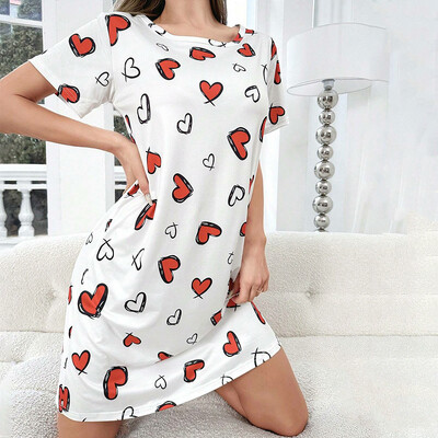 Γυναικείο νυχτικό Καλοκαιρινό κοντομάνικο πουκάμισο ύπνου μπλουζάκι με στρογγυλή λαιμόκοψη Φόρεμα μαλακά νυχτικά ρούχα για το σπίτι Πυζάμες και σαλονάκια