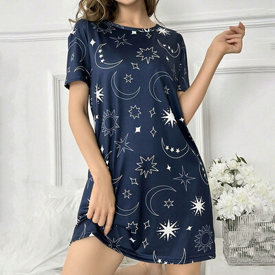 Γυναικείο νυχτικό Καλοκαιρινό κοντομάνικο πουκάμισο ύπνου μπλουζάκι με στρογγυλή λαιμόκοψη Φόρεμα μαλακά νυχτικά ρούχα για το σπίτι Πυζάμες και σαλονάκια