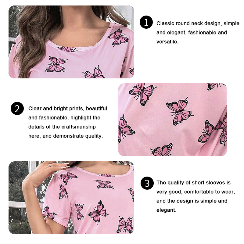 Γυναικείο νυχτικό Καλοκαιρινό κοντομάνικο πουκάμισο ύπνου μπλουζάκι με στρογγυλή λαιμόκοψη Φόρεμα μαλακά νυχτικά ρούχα για το σπίτι Πυζάμες και σαλονάκια