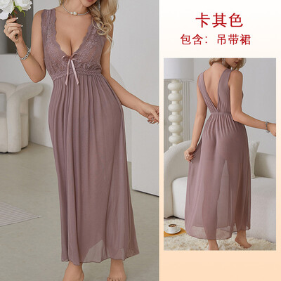 Seksīga pidžamas garais naktskrekls mājas valkāšanai moderna mežģīņu kleita sievietēm Deep V guļamveļa Šifona naktskrekls kāzu nakts apģērbs