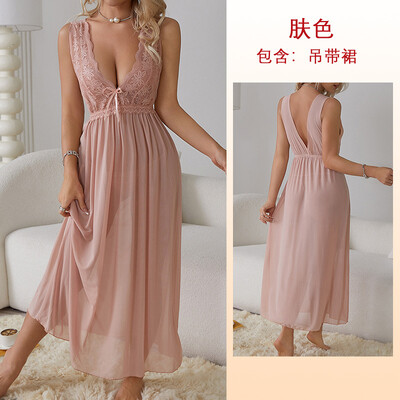 Seksīga pidžamas garais naktskrekls mājas valkāšanai moderna mežģīņu kleita sievietēm Deep V guļamveļa Šifona naktskrekls kāzu nakts apģērbs