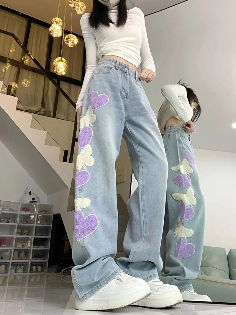 Peteliškės siuvinėtos plačios džinsai moterims rudens žiemos stiliaus aukštu juosmeniu, laisvos liekninančios tiesios kojos grindų šluostymo kelnės