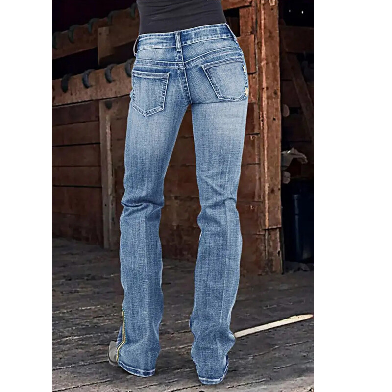 Pavasarinis naujas elegantiškas elastingas aulinis mėlynas džinsinis džinsas su viduriu pakylančia siūle, išsiuvinėtos moteriškos kelnės Cowgirl kelnės T23