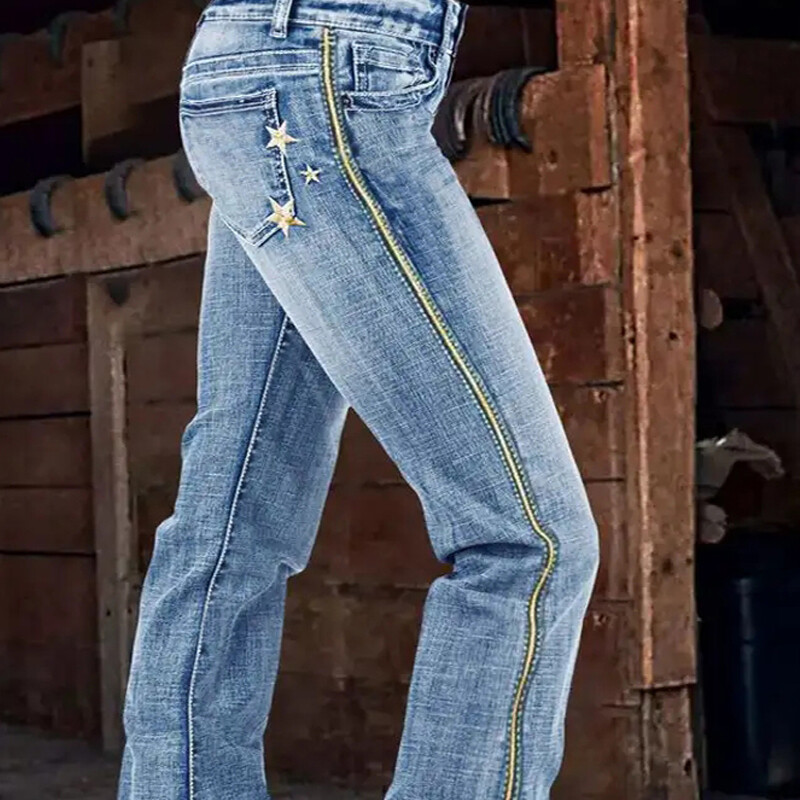 Pavasarinis naujas elegantiškas elastingas aulinis mėlynas džinsinis džinsas su viduriu pakylančia siūle, išsiuvinėtos moteriškos kelnės Cowgirl kelnės T23