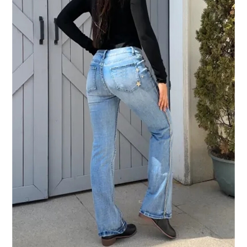 Pavasarinis naujas elegantiškas elastingas aulinis mėlynas džinsinis džinsas su viduriu pakylančia siūle, išsiuvinėtos moteriškos kelnės Cowgirl kelnės T23