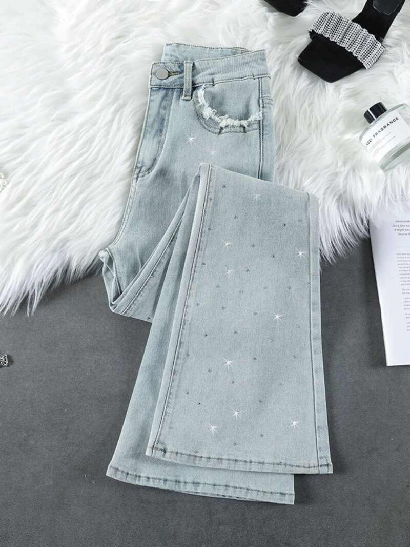 „Glitter Rivet“ džinsinės kelnės moterims, 2025 m. pavasaris, vasara, nauji madingi džinsai aukštu juosmeniu, platėjantys, ploni, šviesiai mėlyni džinsai