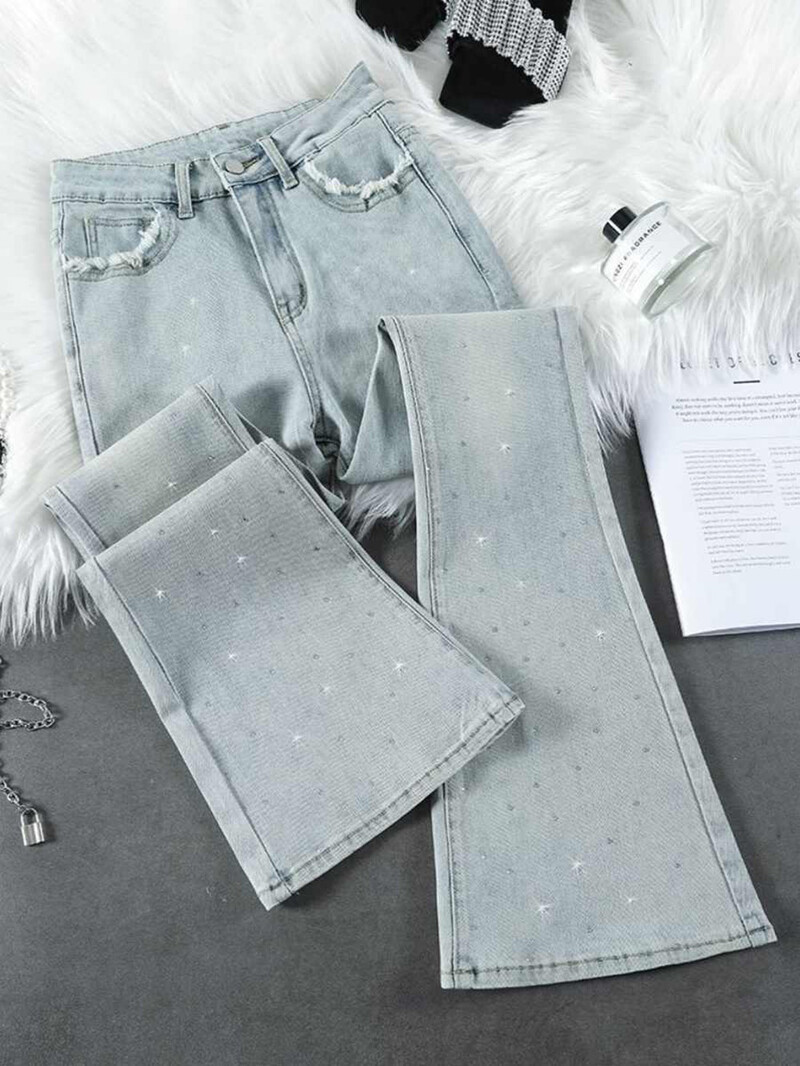 „Glitter Rivet“ džinsinės kelnės moterims, 2025 m. pavasaris, vasara, nauji madingi džinsai aukštu juosmeniu, platėjantys, ploni, šviesiai mėlyni džinsai