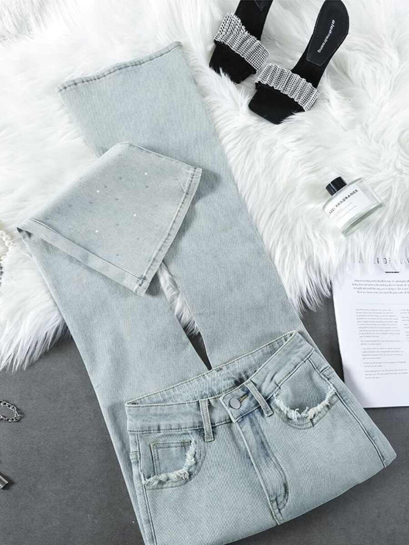 „Glitter Rivet“ džinsinės kelnės moterims, 2025 m. pavasaris, vasara, nauji madingi džinsai aukštu juosmeniu, platėjantys, ploni, šviesiai mėlyni džinsai