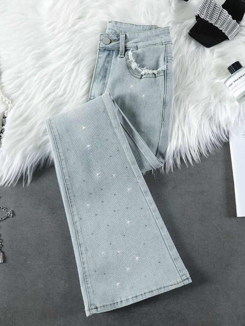 „Glitter Rivet“ džinsinės kelnės moterims, 2025 m. pavasaris, vasara, nauji madingi džinsai aukštu juosmeniu, platėjantys, ploni, šviesiai mėlyni džinsai
