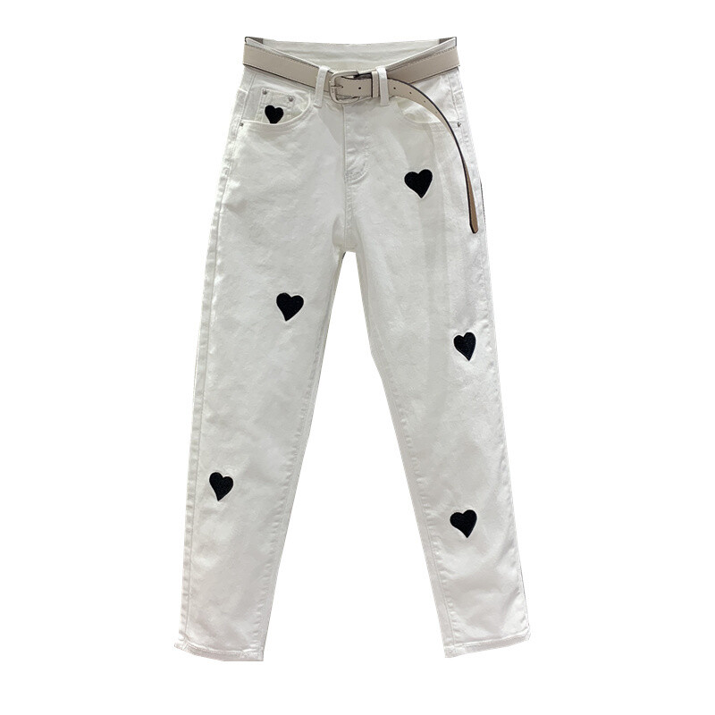 Moteriški balti džinsai aukštu liemeniu Slim Fit mados Harun džinsinės kelnės Naujos pavasario rudens prašmatnus siuvinėjimas Atsitiktinis Jean Pantalon Femme