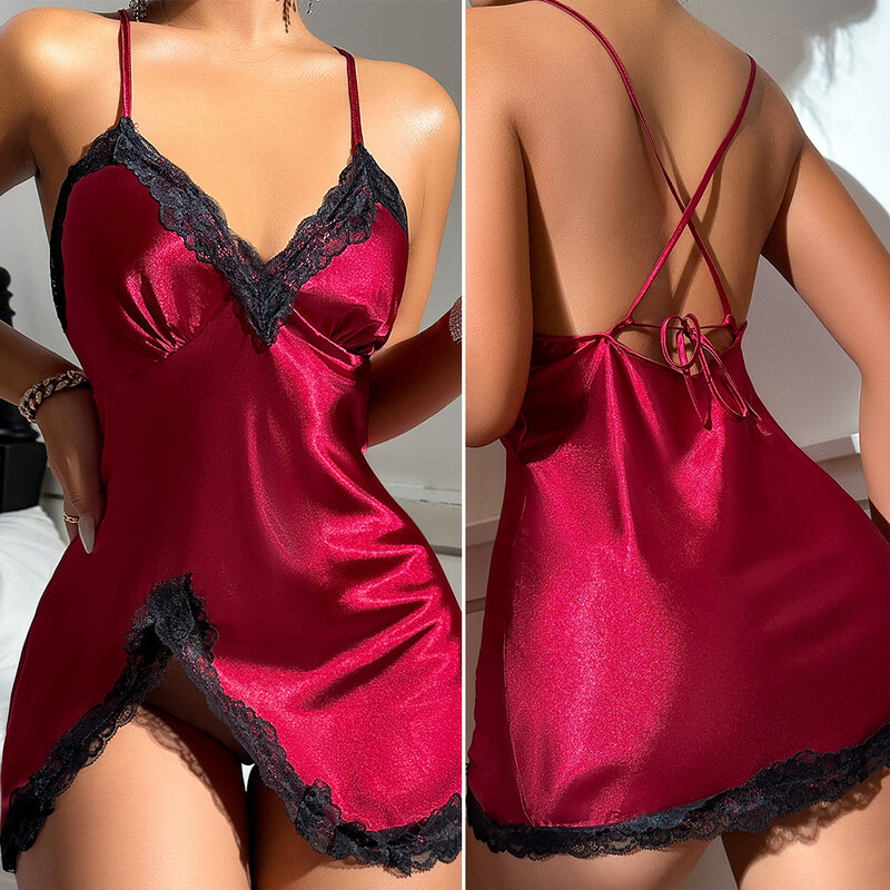 Seksikas seljataga mini-naiste öösärk pesu suvepesu magamisriided supper Öösärk valge satiinpits Kodukandmine puhkeriided