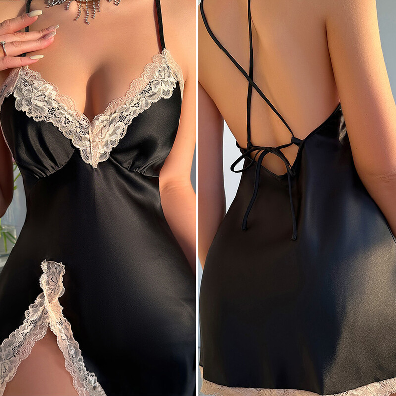 Seksikas seljataga mini-naiste öösärk pesu suvepesu magamisriided supper Öösärk valge satiinpits Kodukandmine puhkeriided