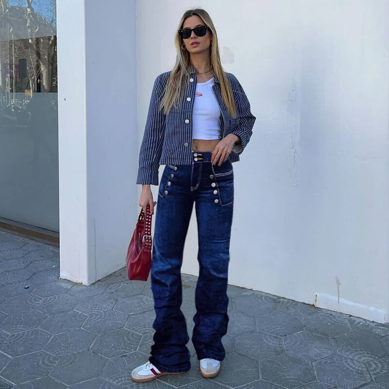 Amerikai retro High Street Bootcut női farmernadrág, magas derekú, bújtatott alkalmi felsőruházati nadrág, duplasoros T03