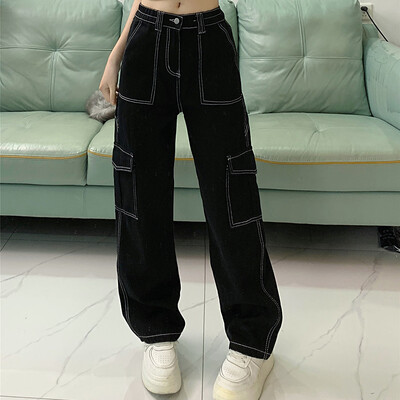 Moterys Nauji japoniški džinsai su aukštu liemeniu, tiesiomis kojomis, maišeliais džinsai Moteriškos šaunios kelnės merginoms, juodos plačios kelnės