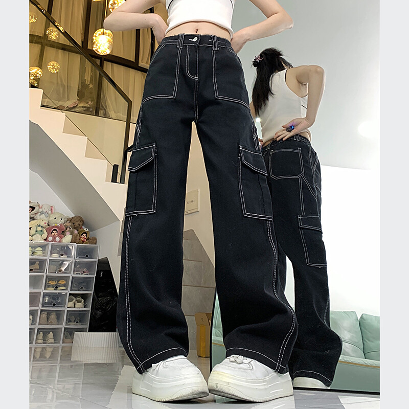 Moterys Nauji japoniški džinsai su aukštu liemeniu, tiesiomis kojomis, maišeliais džinsai Moteriškos šaunios kelnės merginoms, juodos plačios kelnės