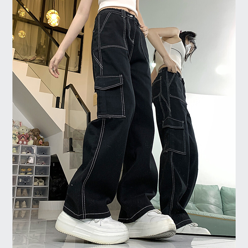Moterys Nauji japoniški džinsai su aukštu liemeniu, tiesiomis kojomis, maišeliais džinsai Moteriškos šaunios kelnės merginoms, juodos plačios kelnės