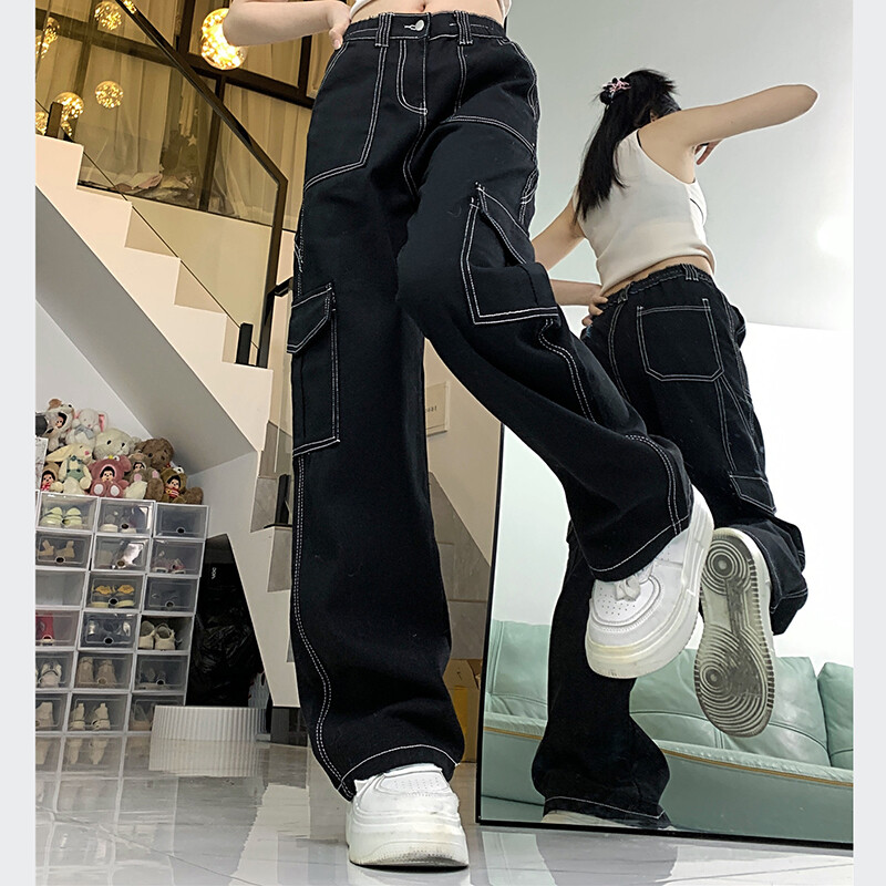 Moterys Nauji japoniški džinsai su aukštu liemeniu, tiesiomis kojomis, maišeliais džinsai Moteriškos šaunios kelnės merginoms, juodos plačios kelnės