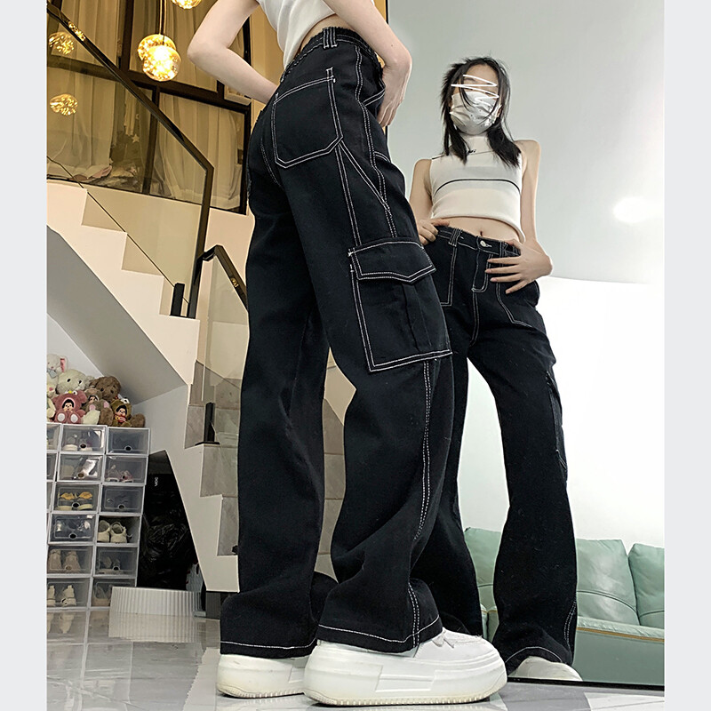 Moterys Nauji japoniški džinsai su aukštu liemeniu, tiesiomis kojomis, maišeliais džinsai Moteriškos šaunios kelnės merginoms, juodos plačios kelnės