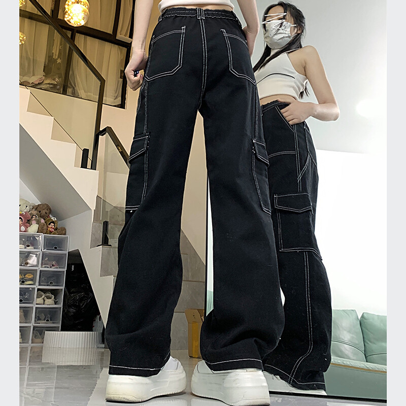 Moterys Nauji japoniški džinsai su aukštu liemeniu, tiesiomis kojomis, maišeliais džinsai Moteriškos šaunios kelnės merginoms, juodos plačios kelnės