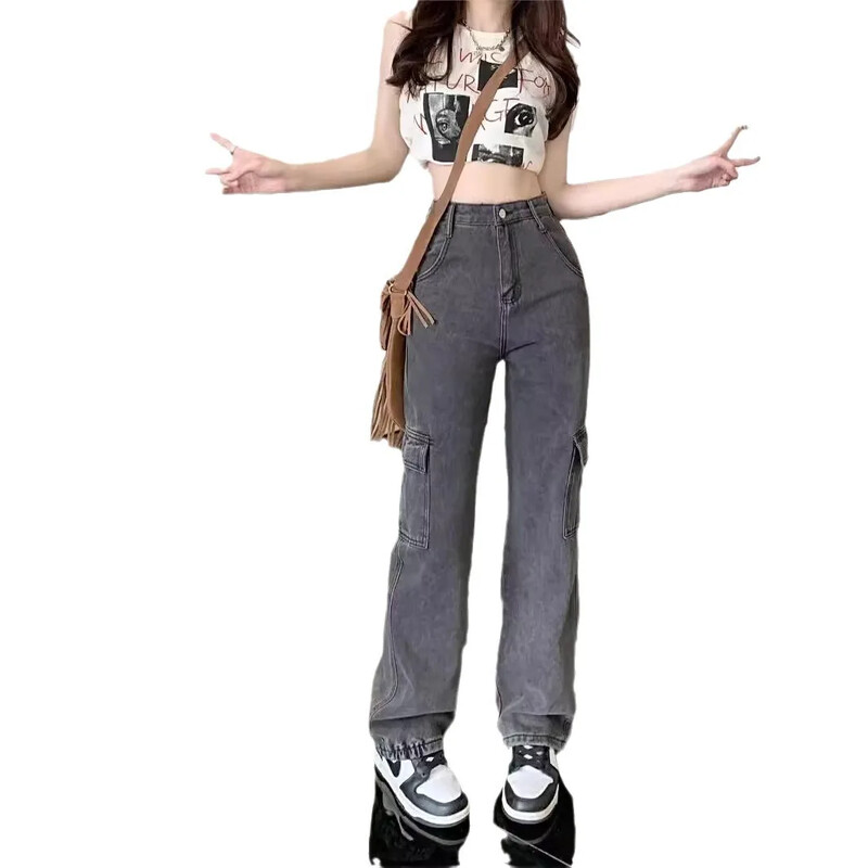 Άνοιξη Φθινοπωρινό Vibe Loose-Fit Denim Cargo Παντελόνι Γυναικείο Casual ίσιο παντελόνι με πολλές τσέπες Vintage Tr σε αμερικανικό στυλ