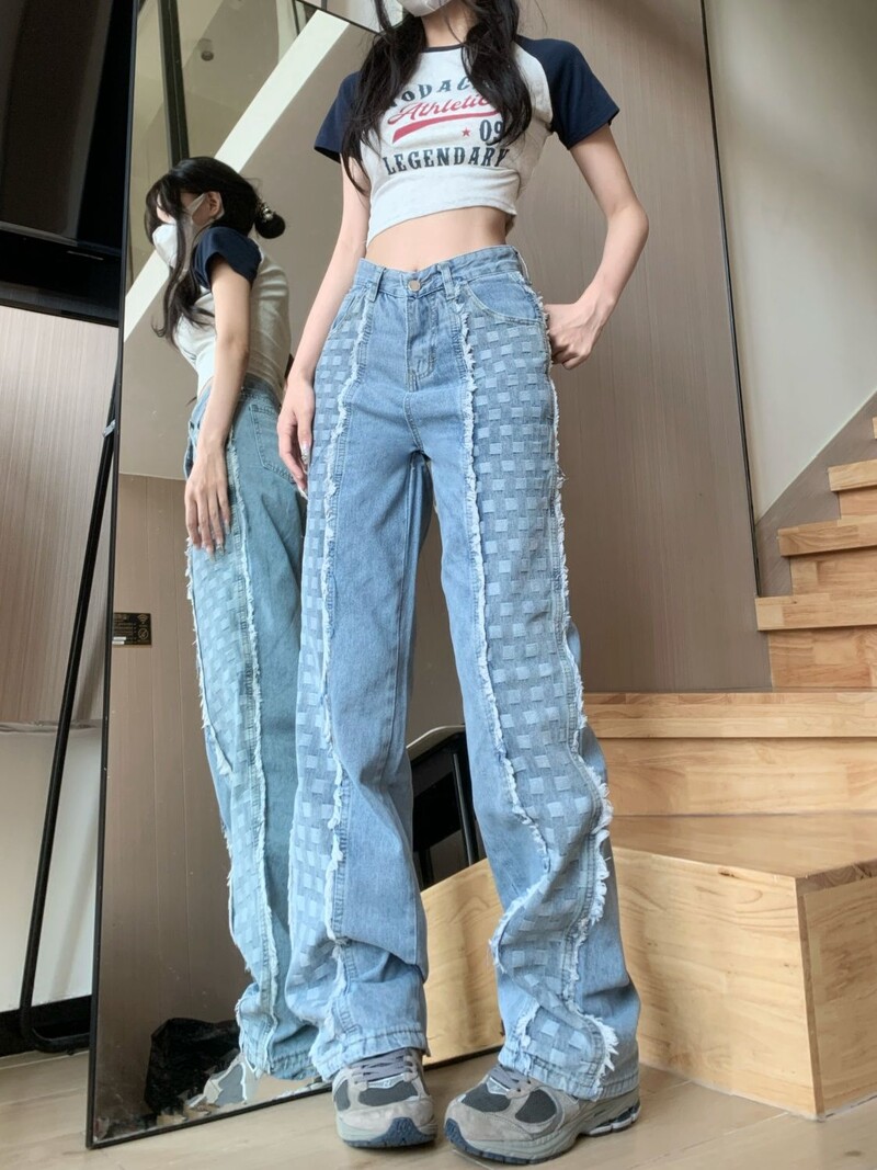Madingi languoti tiesių kojų džinsai moterims Universalios naujos korėjietiškos versijos laisvos kelnės aukštu liemeniu madingoms moterims