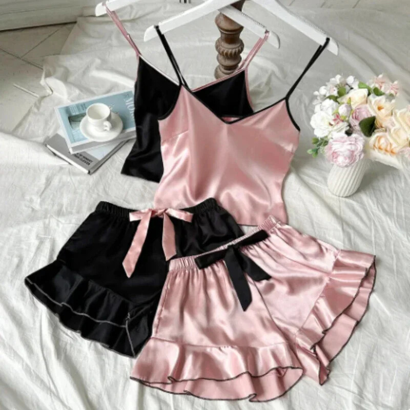 Κομψό Γυναικείο Σετ Σατέν Πυτζάμες Μπλουζάκι με λαιμόκοψη με βολάν Μπλούζες & Σορτς Απλές και Αναπνεύσιμες Σετ Πυτζάμες Sling Ρούχα για το σπίτι