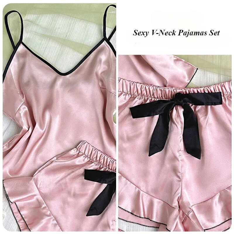 Κομψό Γυναικείο Σετ Σατέν Πυτζάμες Μπλουζάκι με λαιμόκοψη με βολάν Μπλούζες & Σορτς Απλές και Αναπνεύσιμες Σετ Πυτζάμες Sling Ρούχα για το σπίτι