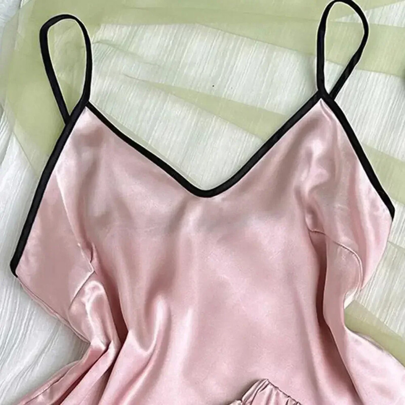 Κομψό Γυναικείο Σετ Σατέν Πυτζάμες Μπλουζάκι με λαιμόκοψη με βολάν Μπλούζες & Σορτς Απλές και Αναπνεύσιμες Σετ Πυτζάμες Sling Ρούχα για το σπίτι