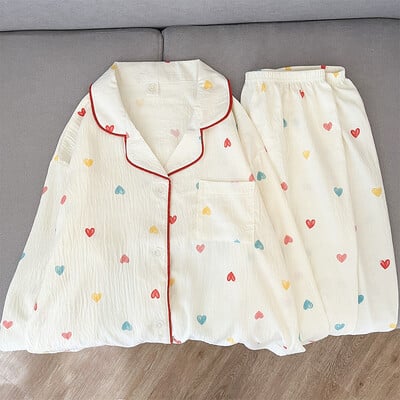 Prancūziškos estetinės mados moteriškų pižamų rinkinys Y2K spalvinga meilės spauda 2 dalių miegui Nauji laisvalaikio 2025 m. pavasario pižamos moterims